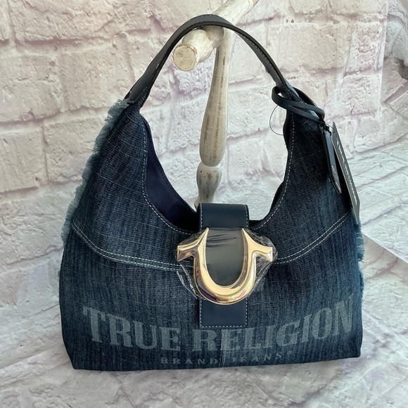 True Religion Blue Hobo Bag with Gold Accents - Picture 1 of 12